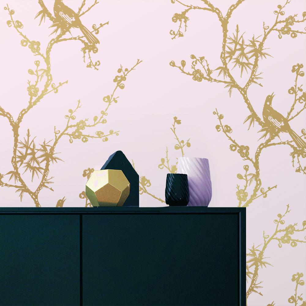DecoratorsBest Birds by Cynthia Rowley Metallic Gold and Pink Peel and Stick Wallpaper, 60 sq. ft.