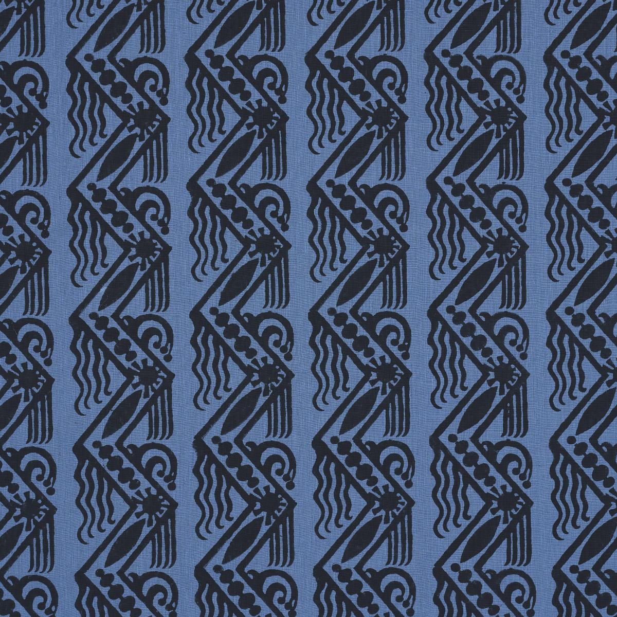 Schumacher Venetian Zig Zag Block Print Black On Blue Fabric