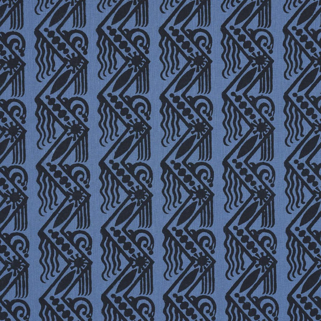 Schumacher Venetian Zig Zag Block Print Black On Blue Fabric
