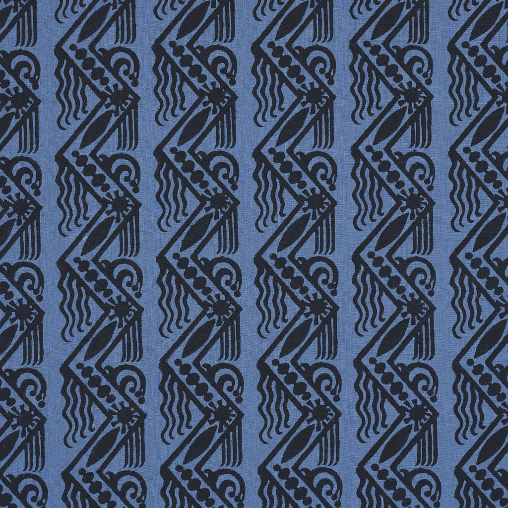 Schumacher Venetian Zig Zag Block Print Black On Blue Fabric