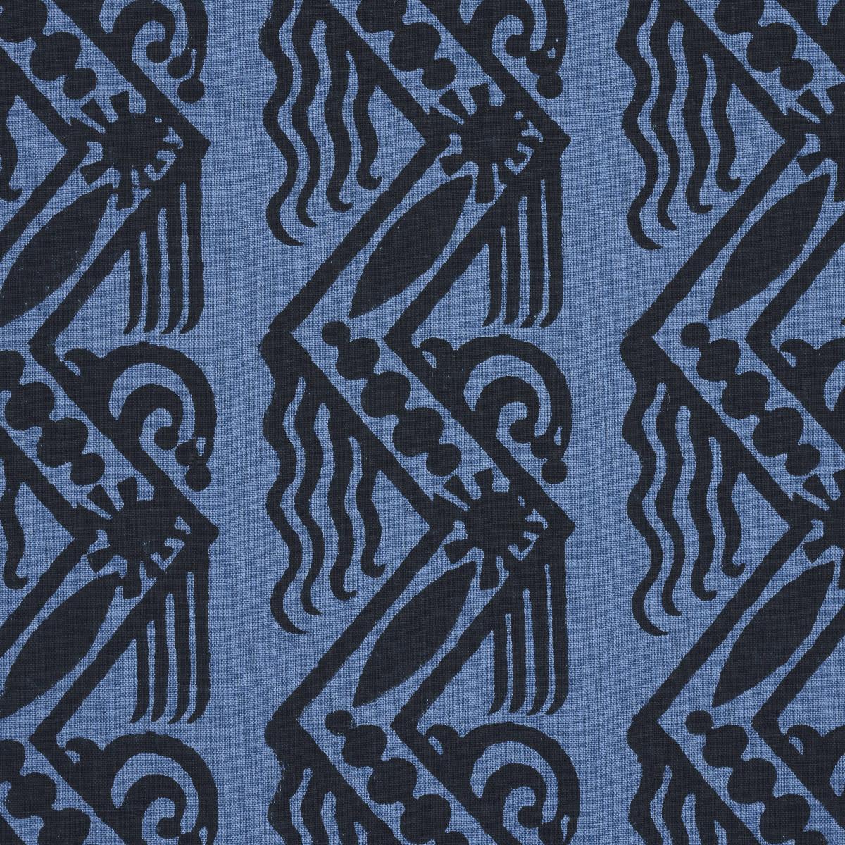 Schumacher Venetian Zig Zag Block Print Black On Blue Fabric