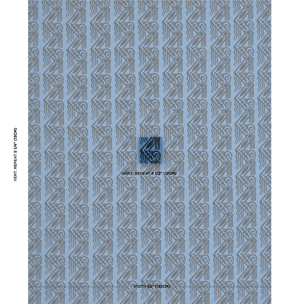 Schumacher Venetian Zig Zag Block Print Black On Blue Fabric