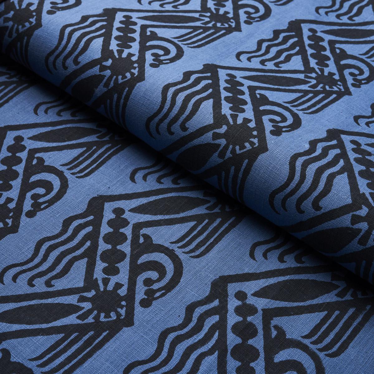 Schumacher Venetian Zig Zag Block Print Black On Blue Fabric