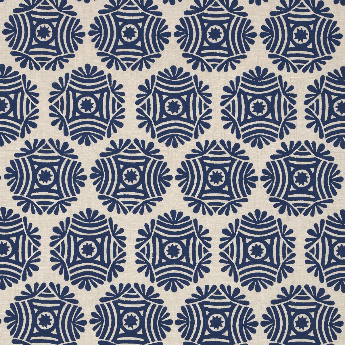 Schumacher Gilded Star Block Print Navy On Natural Fabric