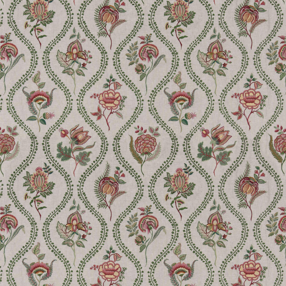 G P & J Baker BURFORD EMBROIDERY EMERALD/RED Drapery Fabric