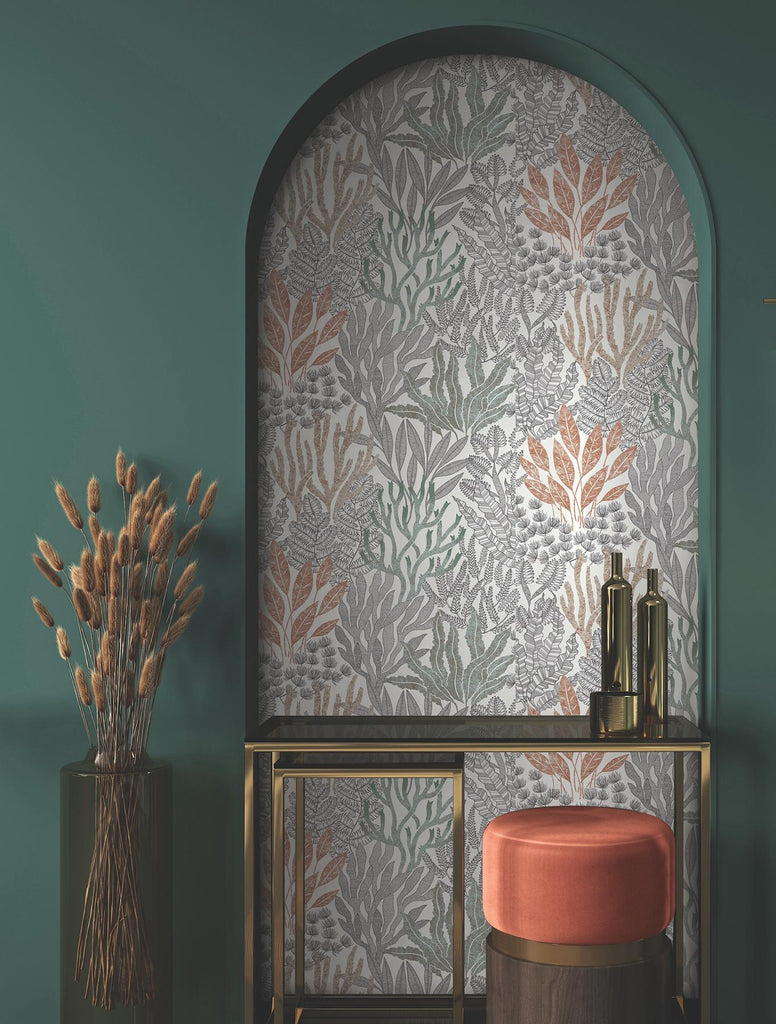 York Wallcoverings Coral Leaves Coral Black Red Wallpaper