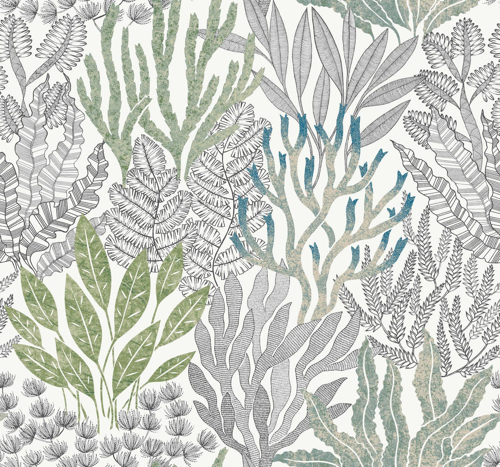 York Wallcoverings Coral Leaves Blue and Green Green Wallpaper