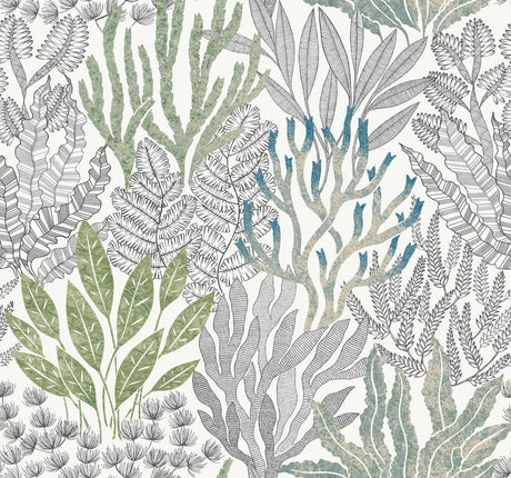 York Wallcoverings Coral Leaves Blue And Green Green Wallpaper