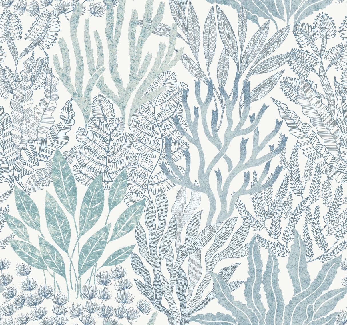 York Wallcoverings Coral Leaves Blue and Aqua Blue Wallpaper