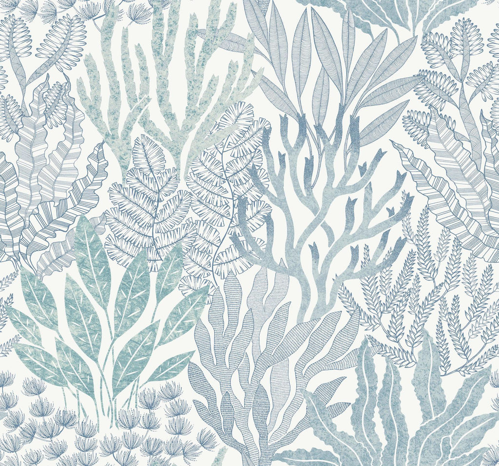 York Wallcoverings Coral Leaves Blue and Aqua Blue Wallpaper