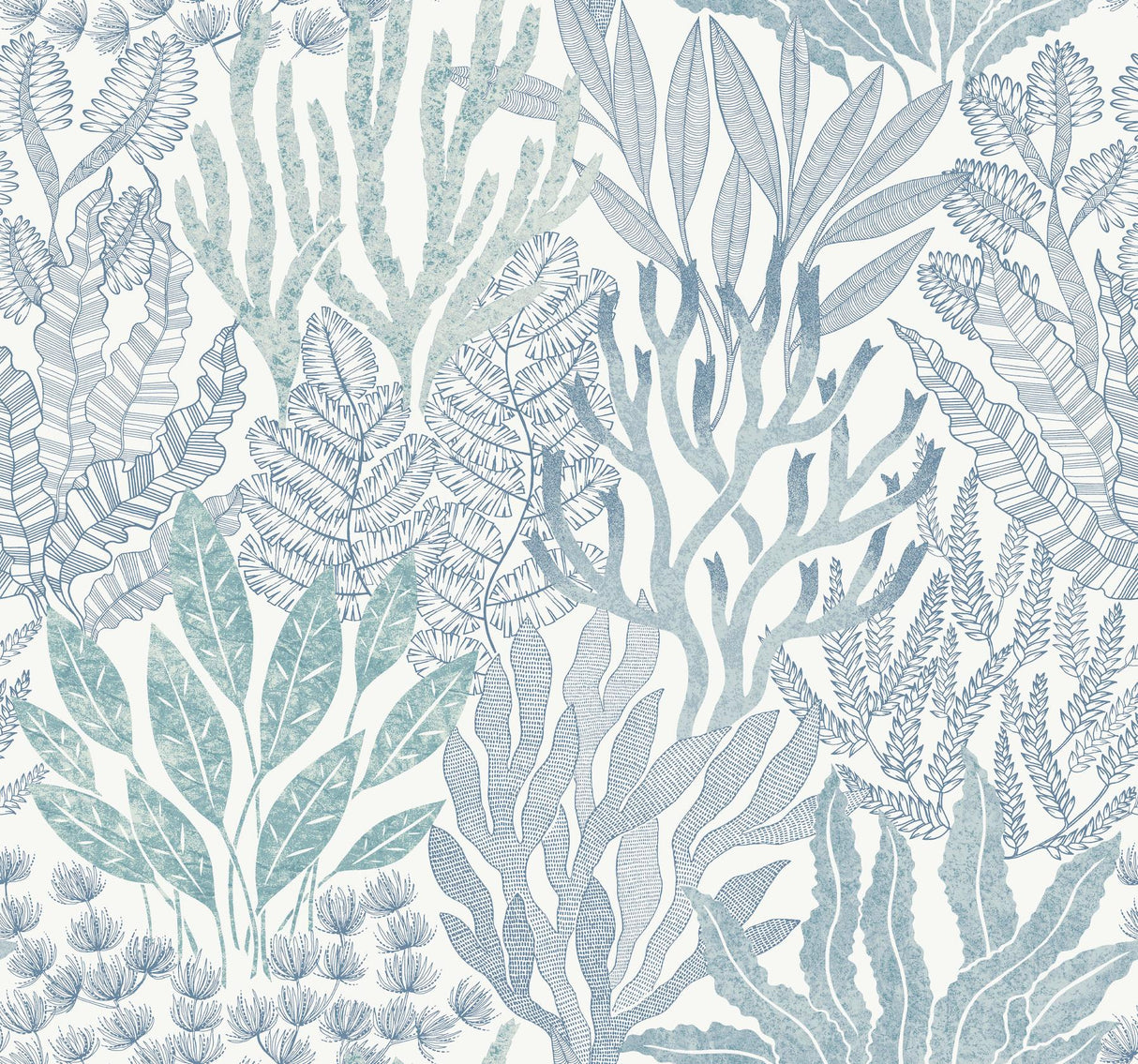 York Wallcoverings Coral Leaves Blue And Aqua Blue Wallpaper