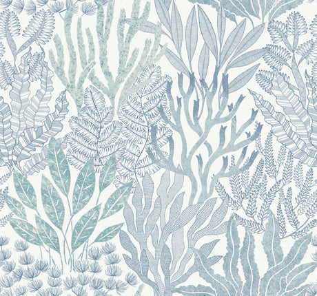 York Wallcoverings Coral Leaves Blue And Aqua Blue Wallpaper