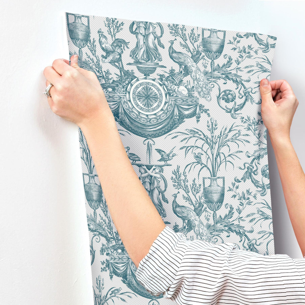 York Wallcoverings Avian Fountain Toile Jade White Wallpaper