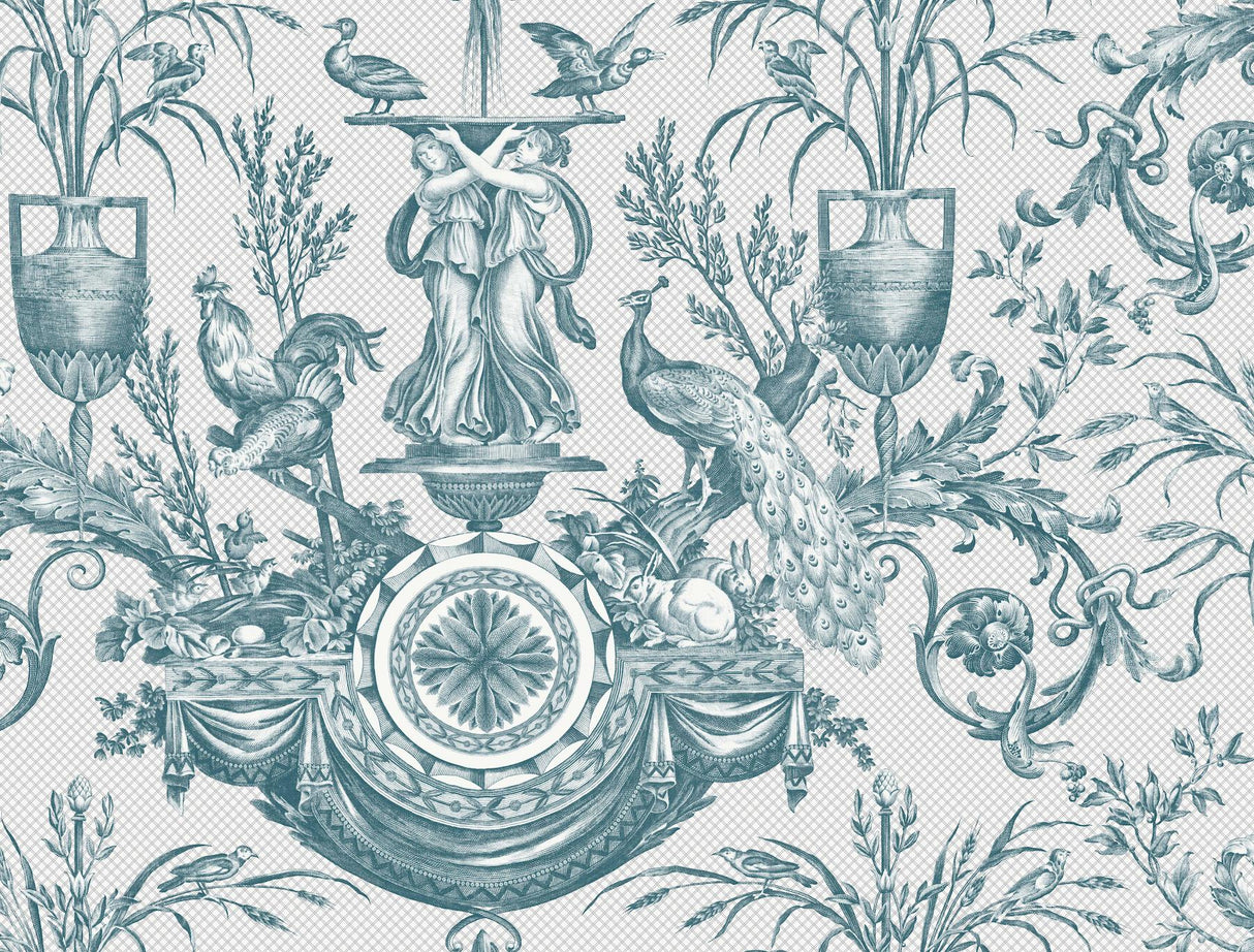 York Wallcoverings Avian Fountain Toile Jade White Wallpaper
