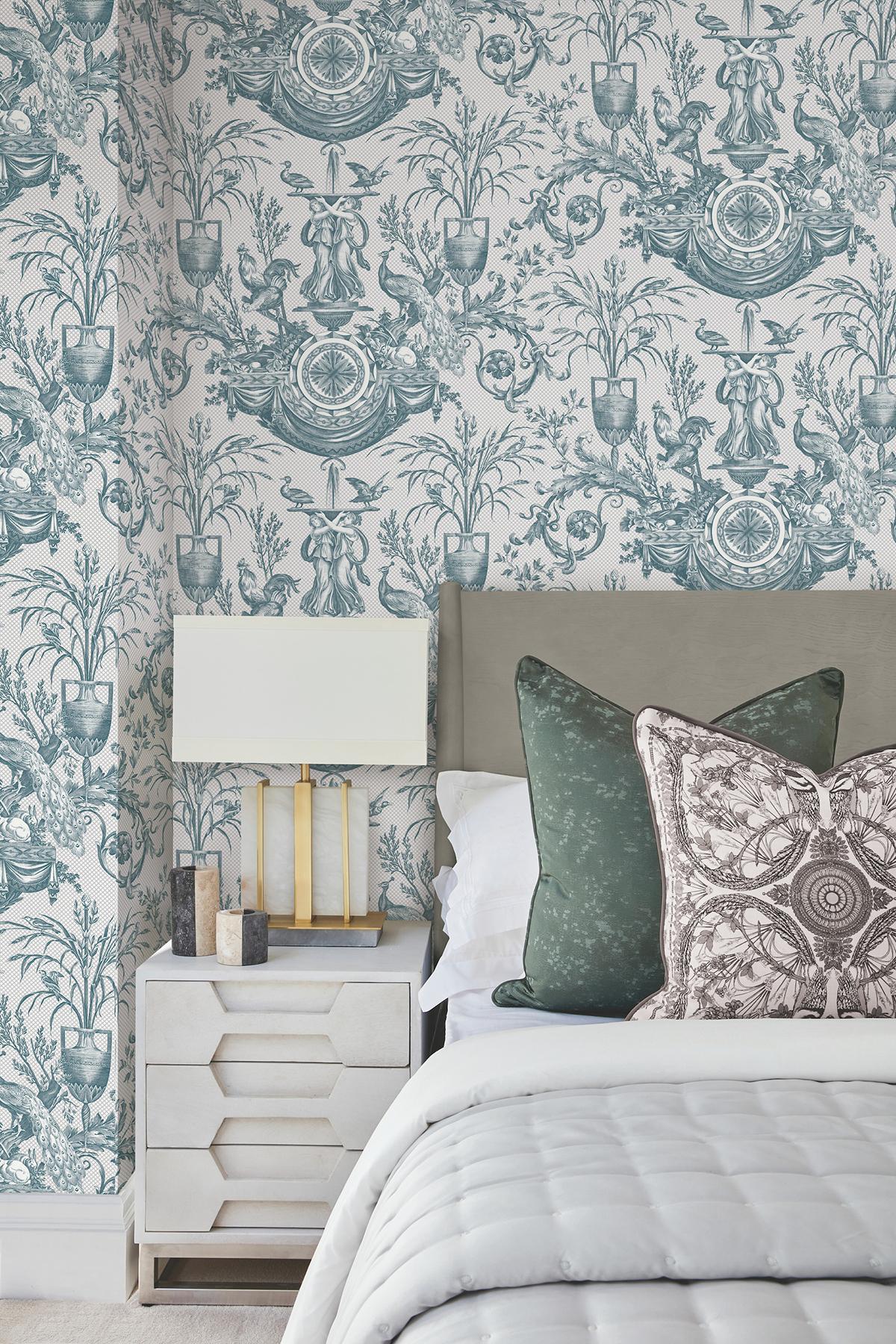 York Wallcoverings Avian Fountain Toile Jade White Wallpaper