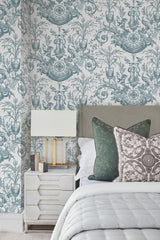 York Wallcoverings Avian Fountain Toile Jade White Wallpaper