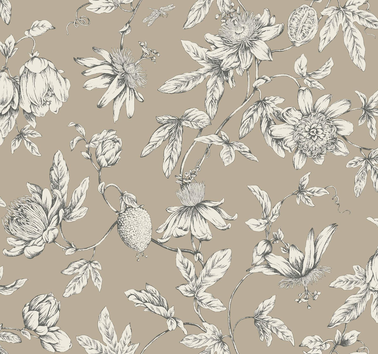 York Wallcoverings Passion Flower Toile Linen Brown Wallpaper