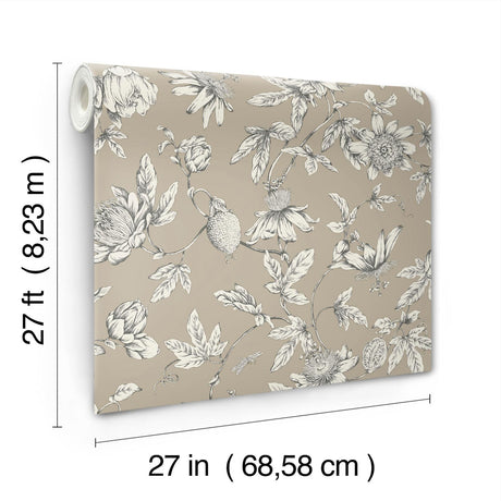 York Wallcoverings Passion Flower Toile Linen Brown Wallpaper