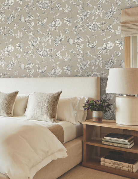 York Wallcoverings Passion Flower Toile Linen Brown Wallpaper