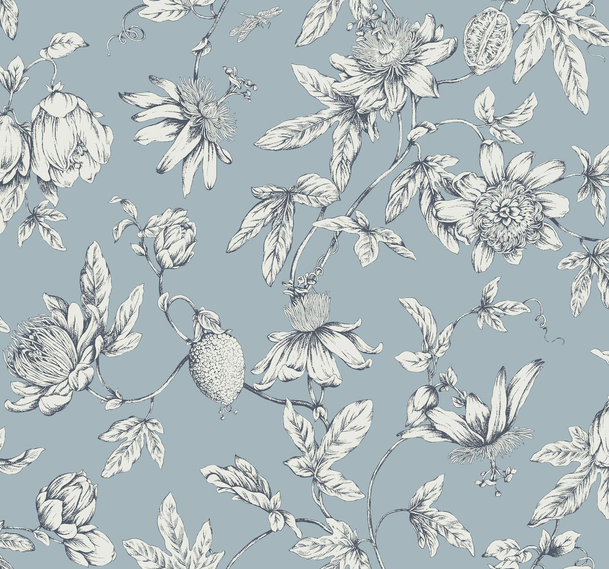 York Wallcoverings Passion Flower Toile Sky Blue Blue Wallpaper