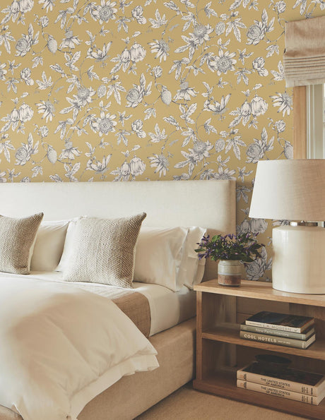 York Wallcoverings Passion Flower Toile Harvest Yellow Wallpaper