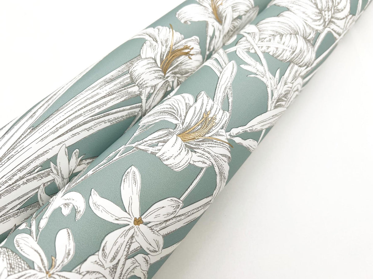 York Wallcoverings Orchid Conservatory Toile Seamist And Taupe Blue Wallpaper