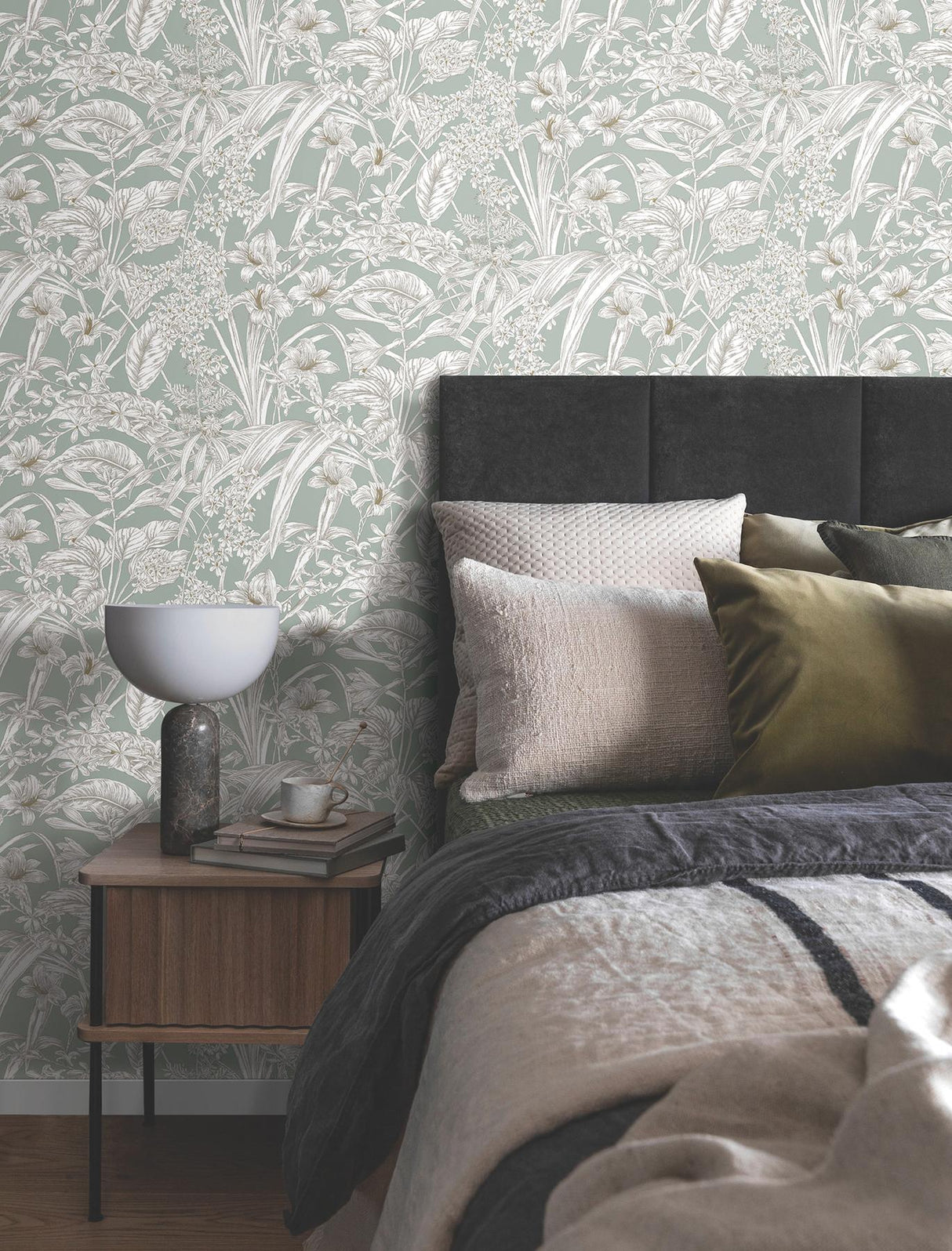 York Wallcoverings Orchid Conservatory Toile Seamist And Taupe Blue Wallpaper