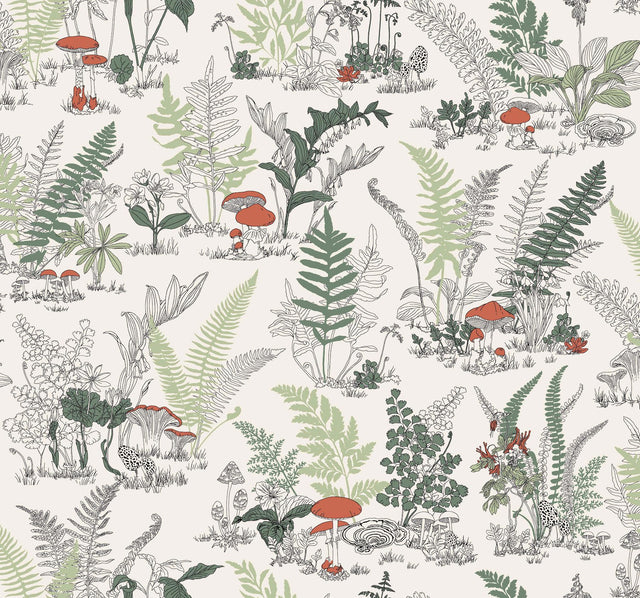 York Wallcoverings Mushroom Garden Toile Red and Green White Wallpaper