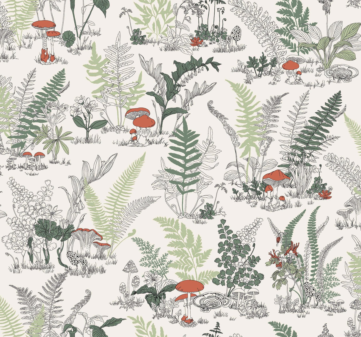 York Wallcoverings Mushroom Garden Toile Red And Green White Wallpaper