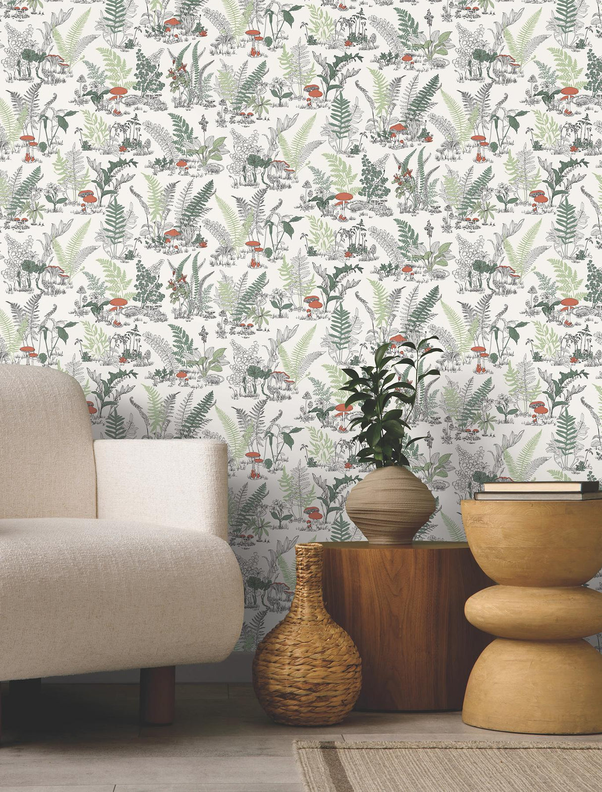 York Wallcoverings Mushroom Garden Toile Red And Green White Wallpaper