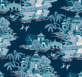 York Wallcoverings Pagoda And Sampan Scenic Navy Blue Wallpaper