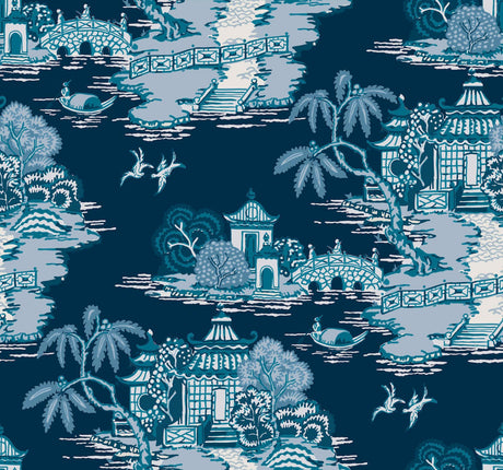 York Wallcoverings Pagoda And Sampan Scenic Navy Blue Wallpaper