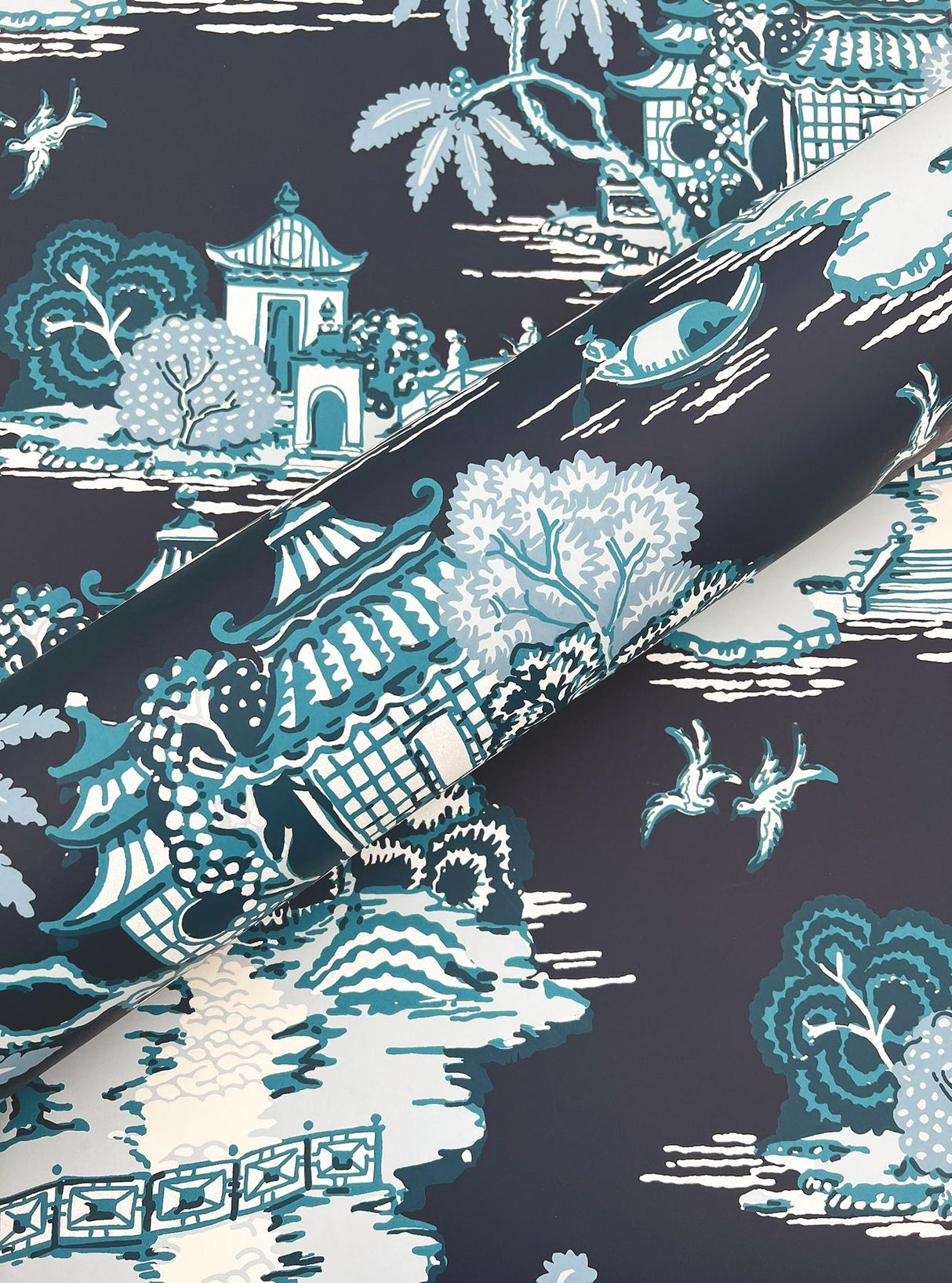 York Wallcoverings Pagoda And Sampan Scenic Navy Blue Wallpaper