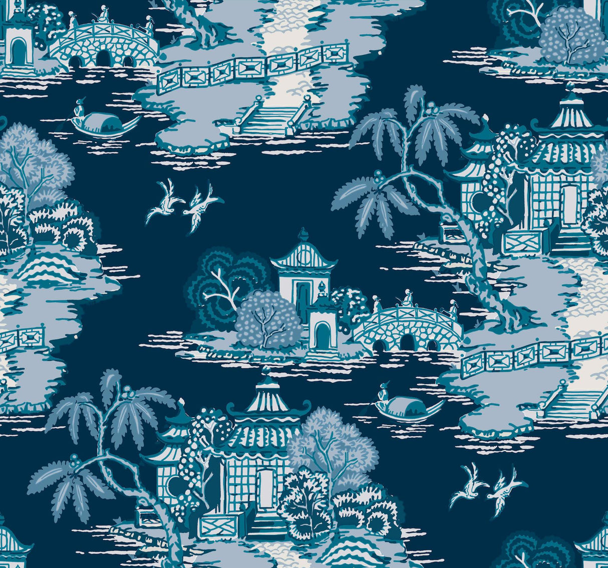 York Wallcoverings Pagoda And Sampan Scenic Navy Blue Wallpaper