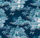 York Wallcoverings Pagoda And Sampan Scenic Navy Blue Wallpaper
