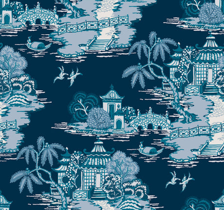 York Wallcoverings Pagoda And Sampan Scenic Navy Blue Wallpaper