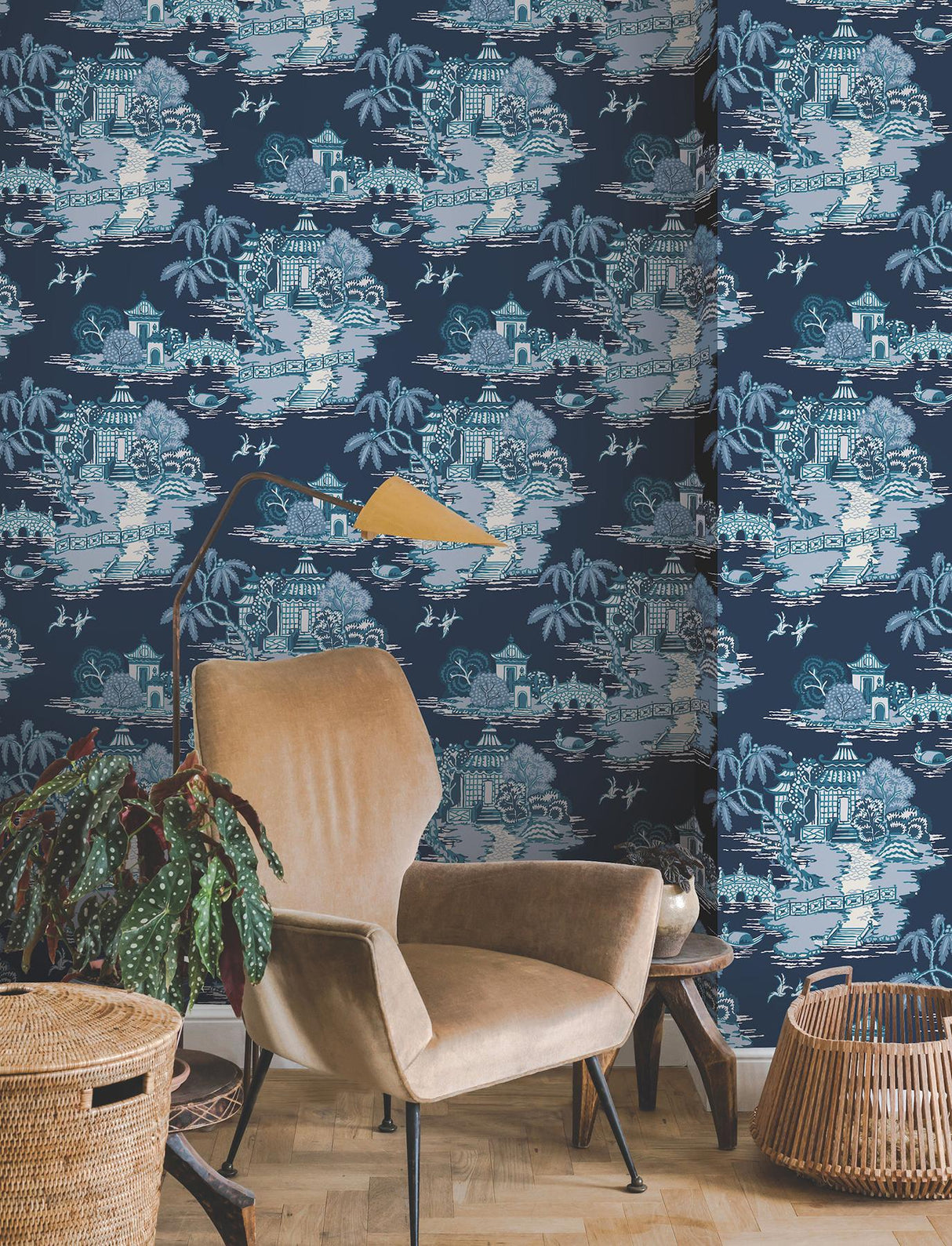York Wallcoverings Pagoda And Sampan Scenic Navy Blue Wallpaper