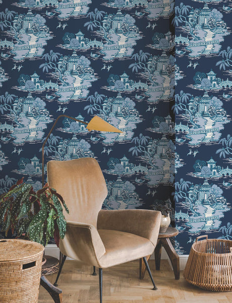 York Wallcoverings Pagoda And Sampan Scenic Navy Blue Wallpaper