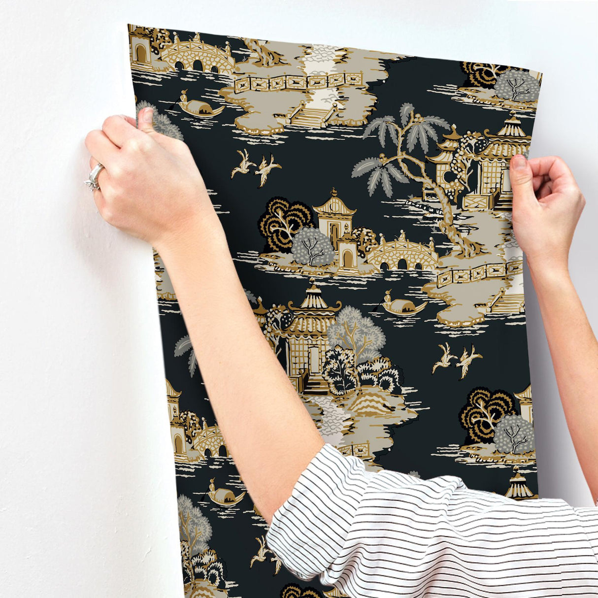 York Wallcoverings Pagoda And Sampan Scenic Black Black Wallpaper