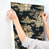 York Wallcoverings Pagoda And Sampan Scenic Black Black Wallpaper