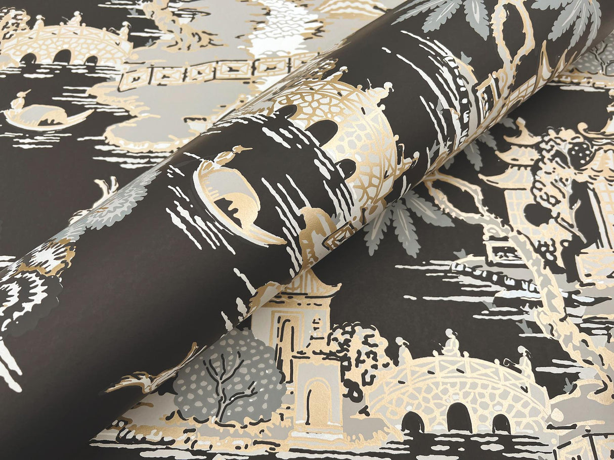 York Wallcoverings Pagoda And Sampan Scenic Black Black Wallpaper