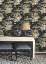 York Wallcoverings Pagoda And Sampan Scenic Black Black Wallpaper
