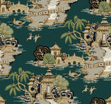 York Wallcoverings Pagoda And Sampan Scenic Forest Green Wallpaper