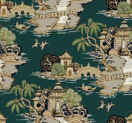 York Wallcoverings Pagoda And Sampan Scenic Forest Green Wallpaper