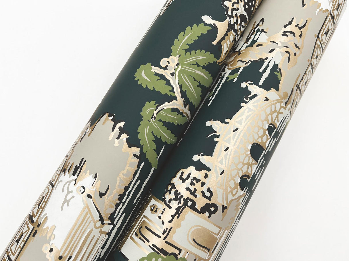 York Wallcoverings Pagoda And Sampan Scenic Forest Green Wallpaper