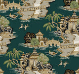 York Wallcoverings Pagoda And Sampan Scenic Forest Green Wallpaper