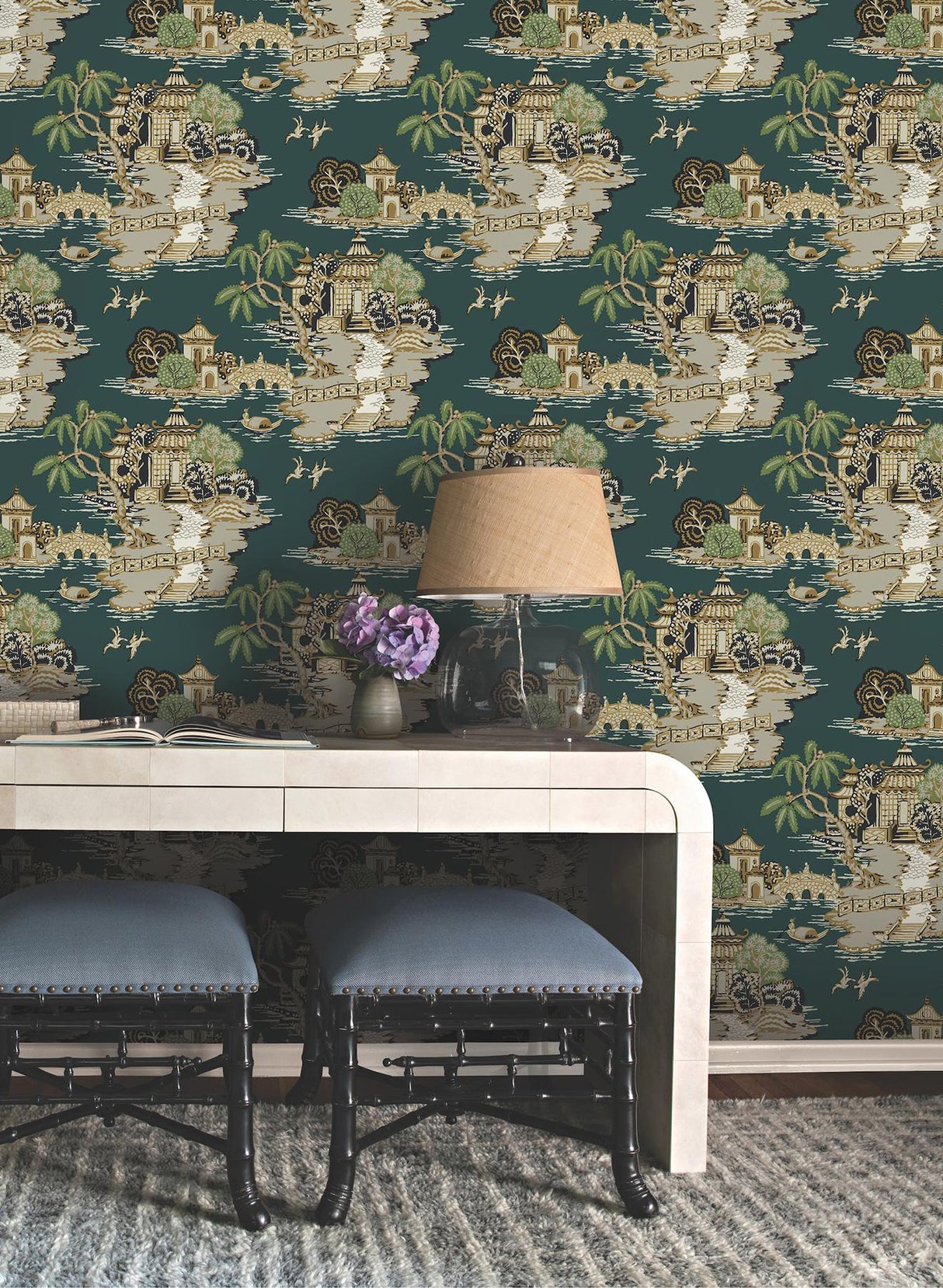 York Wallcoverings Pagoda And Sampan Scenic Forest Green Wallpaper