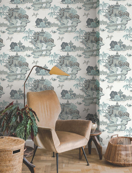 York Wallcoverings Pagoda And Sampan Scenic Seamist White Wallpaper