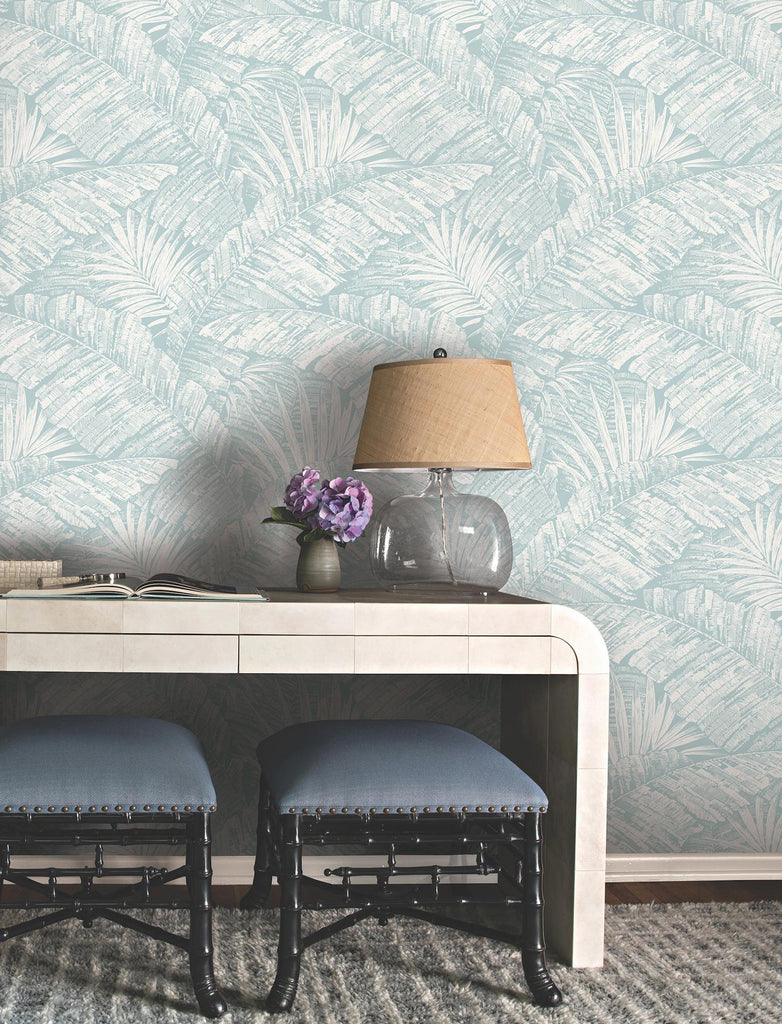 York Wallcoverings Palm Cove Toile White And Blue Blue Wallpaper