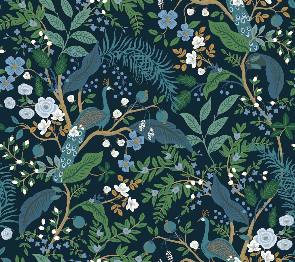 Rifle Paper Co. Peacock Garden Navy Peel and Stick Blue Wallpaper